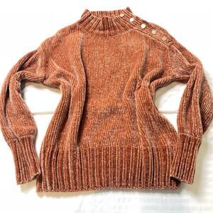 Cynthia Rowley Chenille Sweater Women’s M Rust Orange Mock Neck Gold Button